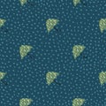 Autumn seamless patern with green folk umbrella silhouettes. Navy blue dotted background