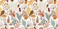 Autumn seamless pattern with different plants and leaves