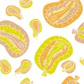 Autumn seamless pattern with abstract pumpkins, apples and pears. Perfect for T-shirt, textile and prints. Royalty Free Stock Photo