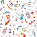 Autumn seamless pattern. Blue watertights, old lantern.