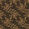 Autumn seamless pattern with branches silhouettes. Brown background with light beige botanic outline ornament