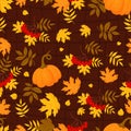 Autumn seamless pattern. Bunches red rowan with colorful fall leaves with pumpkin on brown checkered background. Vector Royalty Free Stock Photo