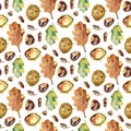 Autumn seamless pattern of chestnut, oak and maple leaves, chestnuts and acorns. Watercolor on beige background. Royalty Free Stock Photo