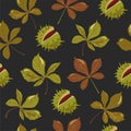 Autumn seamless pattern. Chestnuts with peels and leaves. Royalty Free Stock Photo