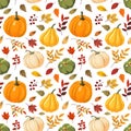 Autumn seamless pattern with colorful pumpkins, forest leaves, and berries Royalty Free Stock Photo