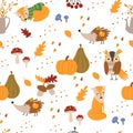 Autumn seamless pattern with cute forest animals