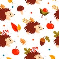 Autumn seamless pattern with cute hedgehog and leaves on a white background. Vector illustration. Royalty Free Stock Photo