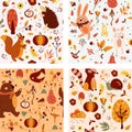 Autumn seamless pattern with cute wodland animals and elements autumn, cute squirrel, hedgehog, funny bear, mouse