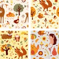 Autumn seamless pattern with cute wodland animals and elements autumn, a funny owl, hedgehog, cunning fox, colored trees Royalty Free Stock Photo