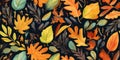 Autumn seamless pattern with different with autumn elements, leaves and plants, seasonal colors Royalty Free Stock Photo