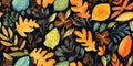 Autumn seamless pattern with different with autumn elements, leaves and plants, seasonal colors Royalty Free Stock Photo