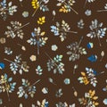 Autumn seamless pattern with dogrose, roses and branches on brown background