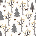 Autumn seamless pattern with doodle hand drawn birch and fir trees forest and deers. Cartoon flat Scandinavian style