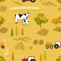 Autumn seamless pattern with farm fields, cow, tractor pine tree and straw bales in the countryside,Vector illustration cute Royalty Free Stock Photo