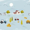 Autumn seamless pattern farm fields, house, cow, tractor pine tree and straw bales in the countryside,Vector illustration cute Royalty Free Stock Photo