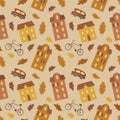 Autumn seamless pattern in flat style with cottages, bicycles and autumn foliage