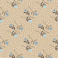 Autumn seamless pattern with flower ornament. Beige background with dots and blue tulips. Tender design Royalty Free Stock Photo