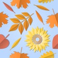 Autumn seamless pattern with foliage, leaves, fall, sunflower. Paper cut out art, vector illustration, abstract