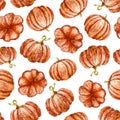 Autumn seamless pattern. Hand drawn watercolor illustration. Pumpkins hand drawn sketch. Autumn pattern colored sketch style.