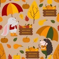 Autumn seamless pattern with bunny hedgehog umbrella - vector illustration, eps