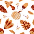 Autumn seamless pattern with hedgehod leaves and mushroom.