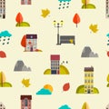 Autumn. Seamless pattern with houses and autumn leaves. Flat style. Vector. Royalty Free Stock Photo