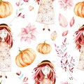 This autumn seamless pattern included sweet girl,autumn leaves,branches,flower,beautiful pumpkins.