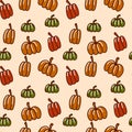 Autumn seamless pattern. Ingathering. Pumpkins, pears, and apples. Vector illustration. Ideal for use in textiles, paper