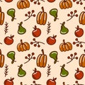 Autumn seamless pattern. Ingathering. Pumpkins, pears, and apples. Vector illustration. Ideal for use in textiles, paper