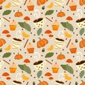 Autumn seamless pattern with leaves, acorn, cinnamon, orange, coffee, pumpkin, cupcake and mushrooms.