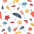 AUTUMN SEAMLESS PATTERN WITH LEAVES AND MUSHROOMS AND UMBRELLAS Royalty Free Stock Photo