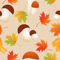 Autumn seamless pattern with maple leaves,ceps, chanterelle, orange boletus