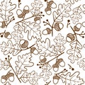 Autumn seamless pattern of oak twigs and acorns. Vector illustration. Royalty Free Stock Photo