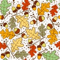 Autumn seamless pattern of oak twigs and acorns. Vector illustration.