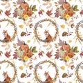 Autumn seamless pattern with orange pumpkins, colorful foliage, leaves, wreath, berries and cute fox. Fall watercolor illustration Royalty Free Stock Photo