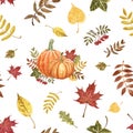 Autumn seamless pattern with orange pumpkins, colorful foliage and red berries. Fall botanical print with white background. Royalty Free Stock Photo