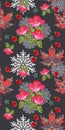 Autumn seamless pattern with ornamental maple leaves, snowflakes, bouquet of roses and raspberries on black background. Royalty Free Stock Photo