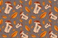 Autumn seamless pattern with porcini mushrooms and autumn leaves. Autumn hand drawn pattern for gift paper, web page background,