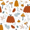 Autumn seamless pattern with pumpkin, leaves, acorn, mushrooms. Vector illustrations