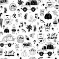 Autumn seamless pattern. Pumpkin truck, basket with mushrooms, vegetables and farm harvest, teapot and cup, socks and Royalty Free Stock Photo