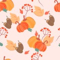 Autumn seamless pattern with pumpkins, yellow leaves and acorn, flat vector.