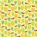 Autumn seamless pattern with rowan berries and orange green leaves in row on yellow background Royalty Free Stock Photo