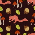 Autumn seamless pattern with squirrel, acorn and mushrooms