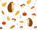 Autumn seamless pattern vector background with happy hedgehog, water drops, fall leaves, apple, pear and mushrooms Royalty Free Stock Photo