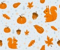 Autumn seamless pattern vector background with happy squirrel, water drops, fall leaves, acorns and pumpkins