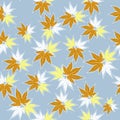 Autumn seamless pattern, vector texture from light maple leaves on a blue background Royalty Free Stock Photo