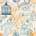 Autumn seamless pattern with vintage birdcages. Elements design of leaf Royalty Free Stock Photo