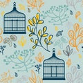 Autumn seamless pattern with vintage birdcages. Elements design of leaf Royalty Free Stock Photo