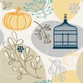 Autumn seamless pattern with vintage birdcages. Elements design of leaf Royalty Free Stock Photo
