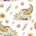 Autumn seamless pattern with watercolor cornucopia and pumpkins